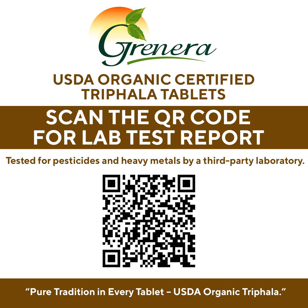 Close-up of Grenera Triphala tablets highlighting the uncoated, plant-based formula.