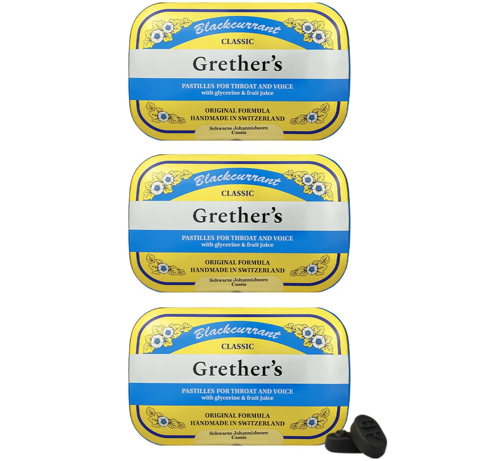 GRETHER'S Classic Blackcurrant Pastilles in a tin for portable throat comfort on the go.