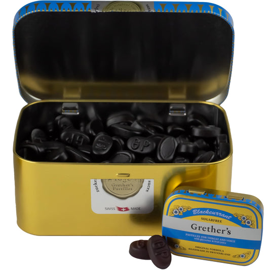 Close-up of GRETHER'S pastilles shows chewy texture and real blackcurrant flavor