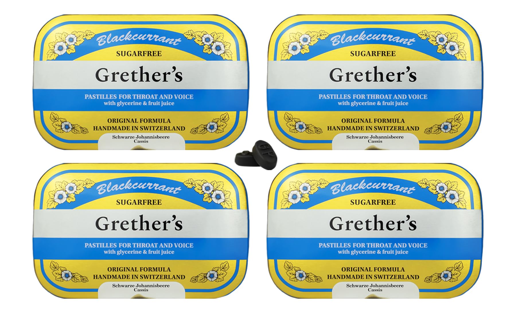 GRETHER'S Sugarfree Blackcurrant Pastilles tin front – premium Swiss packaging for on-the-go flavor