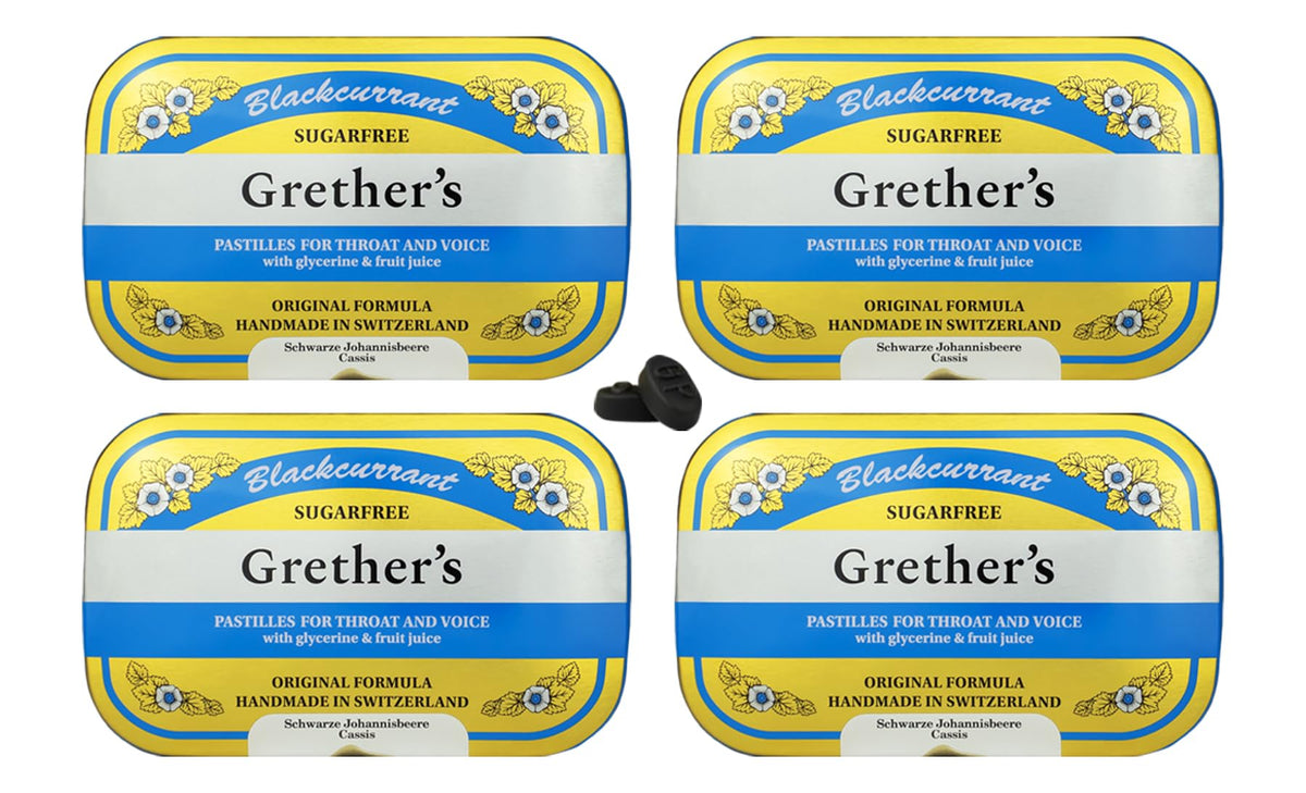 GRETHER'S Sugarfree Blackcurrant Pastilles tin front – premium Swiss packaging for on-the-go flavor