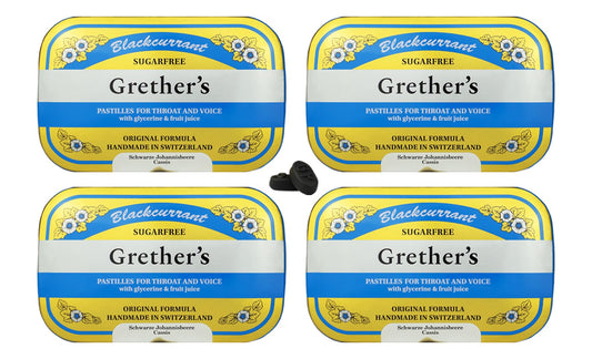 GRETHER'S Sugarfree Blackcurrant Pastilles tin front – premium Swiss packaging for on-the-go flavor