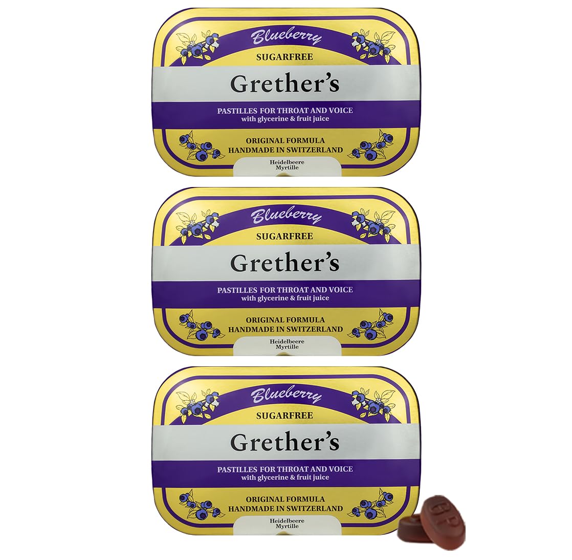 GRETHER'S Sugarfree Blueberry Pastilles tin closed for on-the-go freshness