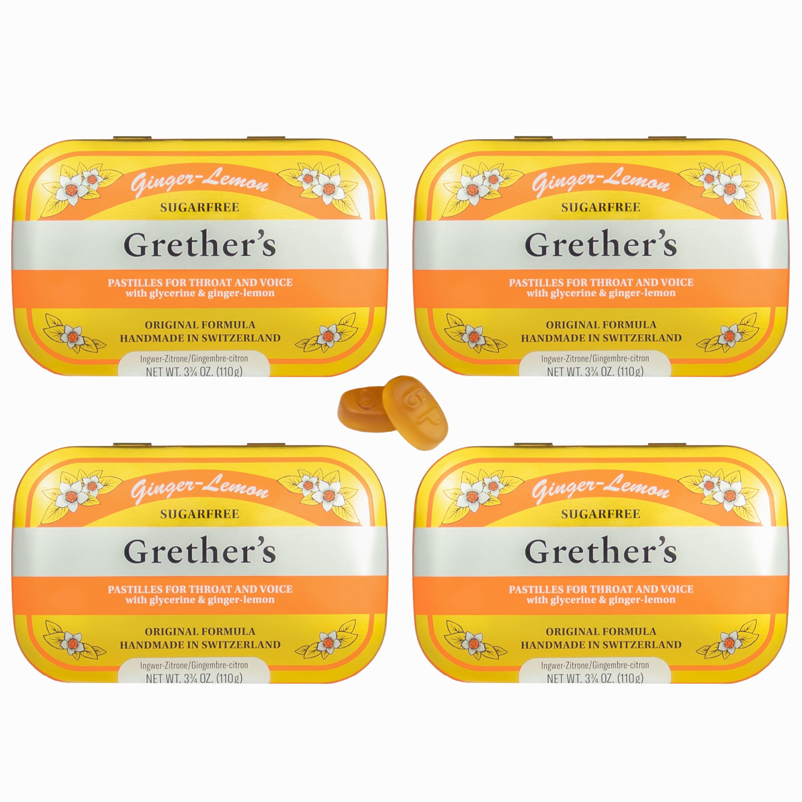 GRETHER'S ginger lemon pastilles in a compact pack front for dry mouth relief.