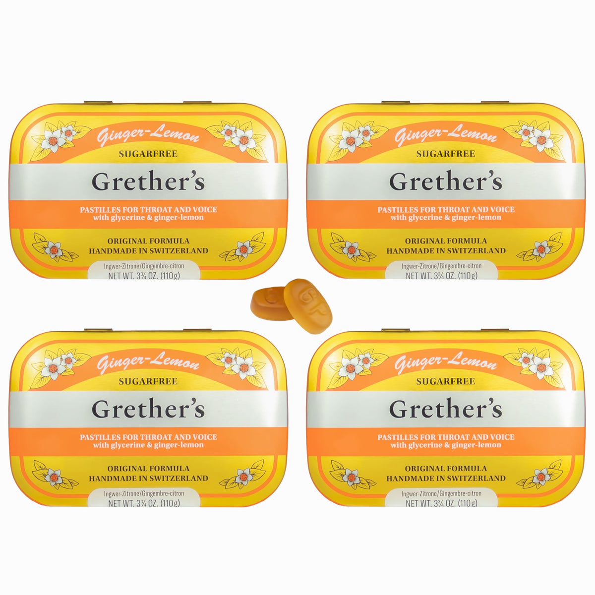 GRETHER'S ginger lemon pastilles in a compact pack front for dry mouth relief.