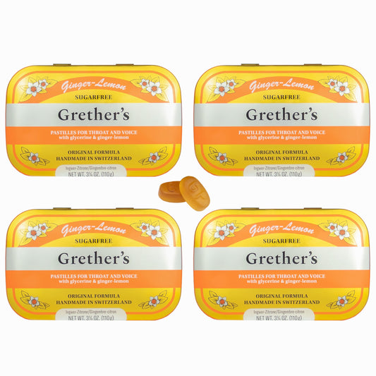 GRETHER'S ginger lemon pastilles in a compact pack front for dry mouth relief.