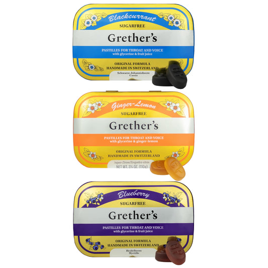 GRETHER'S sugarfree pastilles ginger lemon closeup - gentle throat comfort on the go