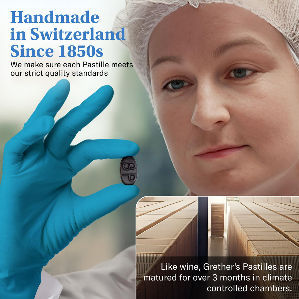 GRETHER'S Swiss craftsmanship image conveys 1850-era quality and care.