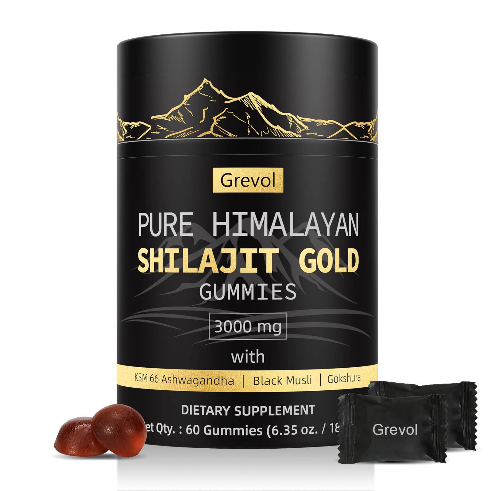 Grevol Himalayan Shilajit Gummies bottle close-up emphasizing convenience and natural ingredients.