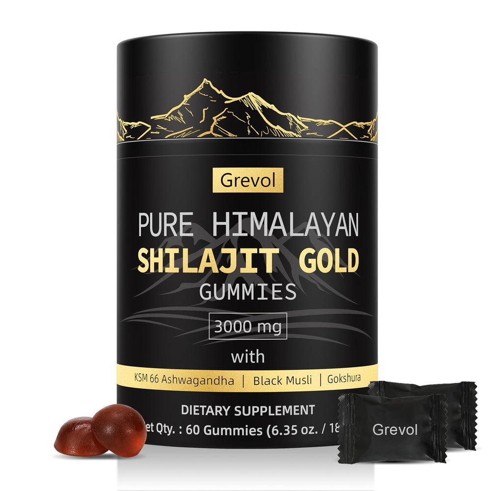 Grevol Himalayan Shilajit Gummies bottle close-up emphasizing convenience and natural ingredients.