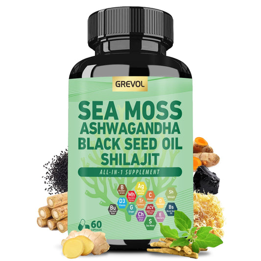 Grevol Sea Moss Capsules bottle close-up showing compact, easy-to-swallow capsules for daily use.