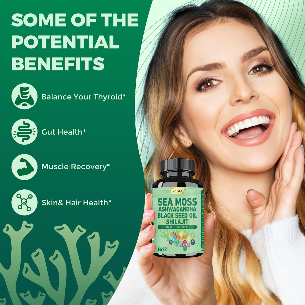 Grevol Sea Moss Capsules ingredients scene highlights 15 natural components for balance.
