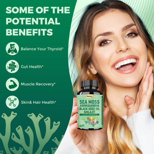 Grevol Sea Moss Capsules ingredients scene highlights 15 natural components for balance.