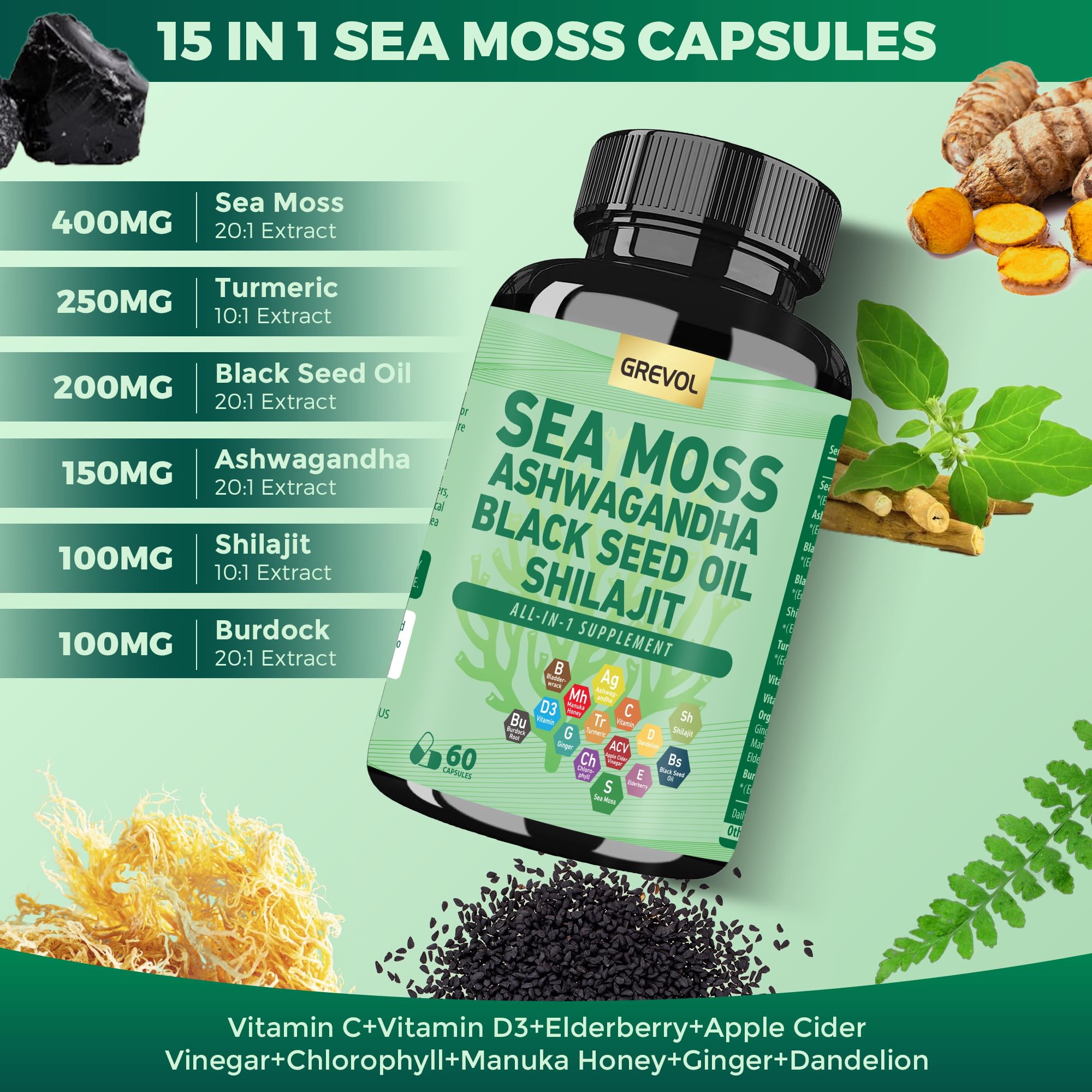 Grevol Sea Moss Shilajit and Ashwagandha blend close-up suggesting natural energy support.