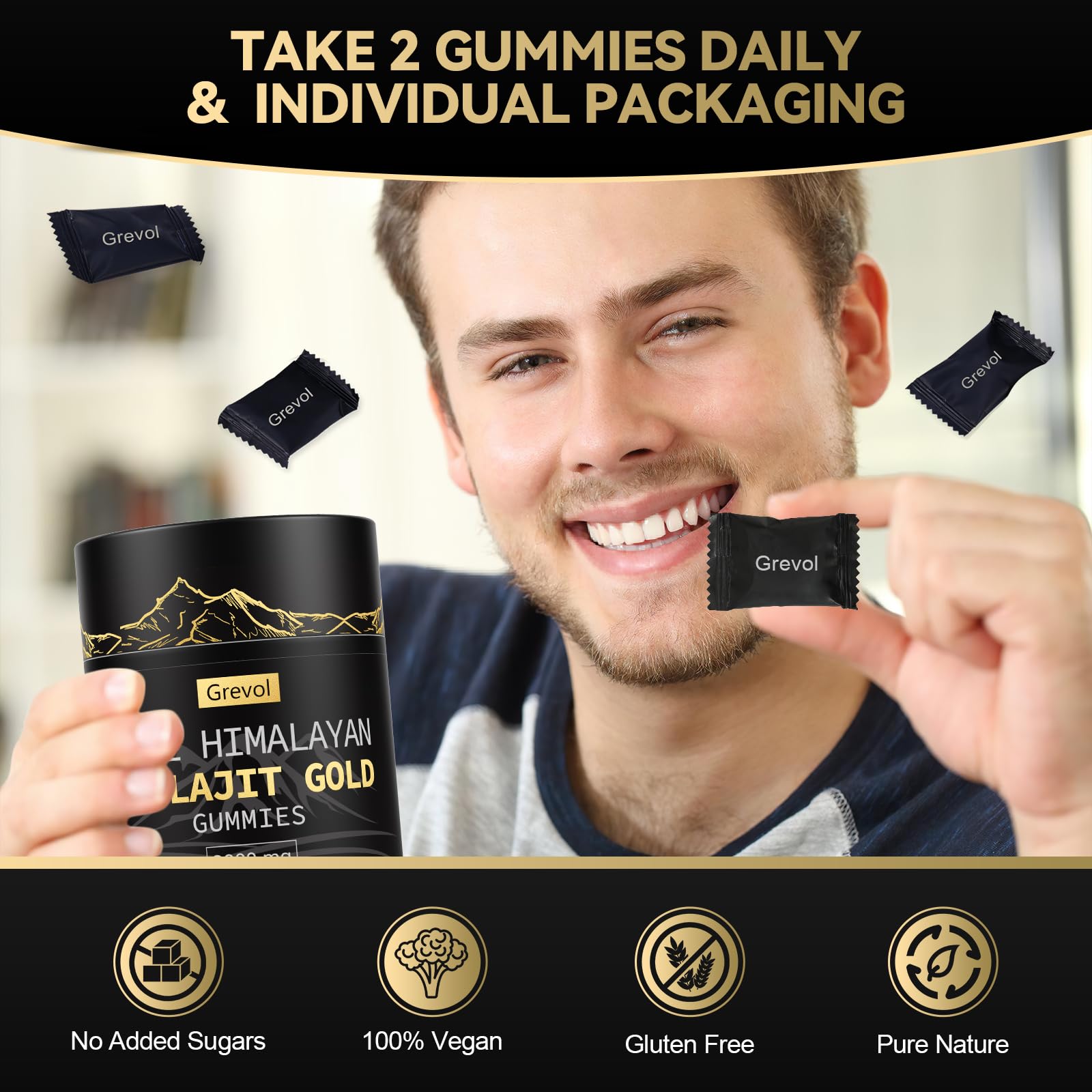 Grevol travel-size gummies pack indicates portability for on-the-go use.
