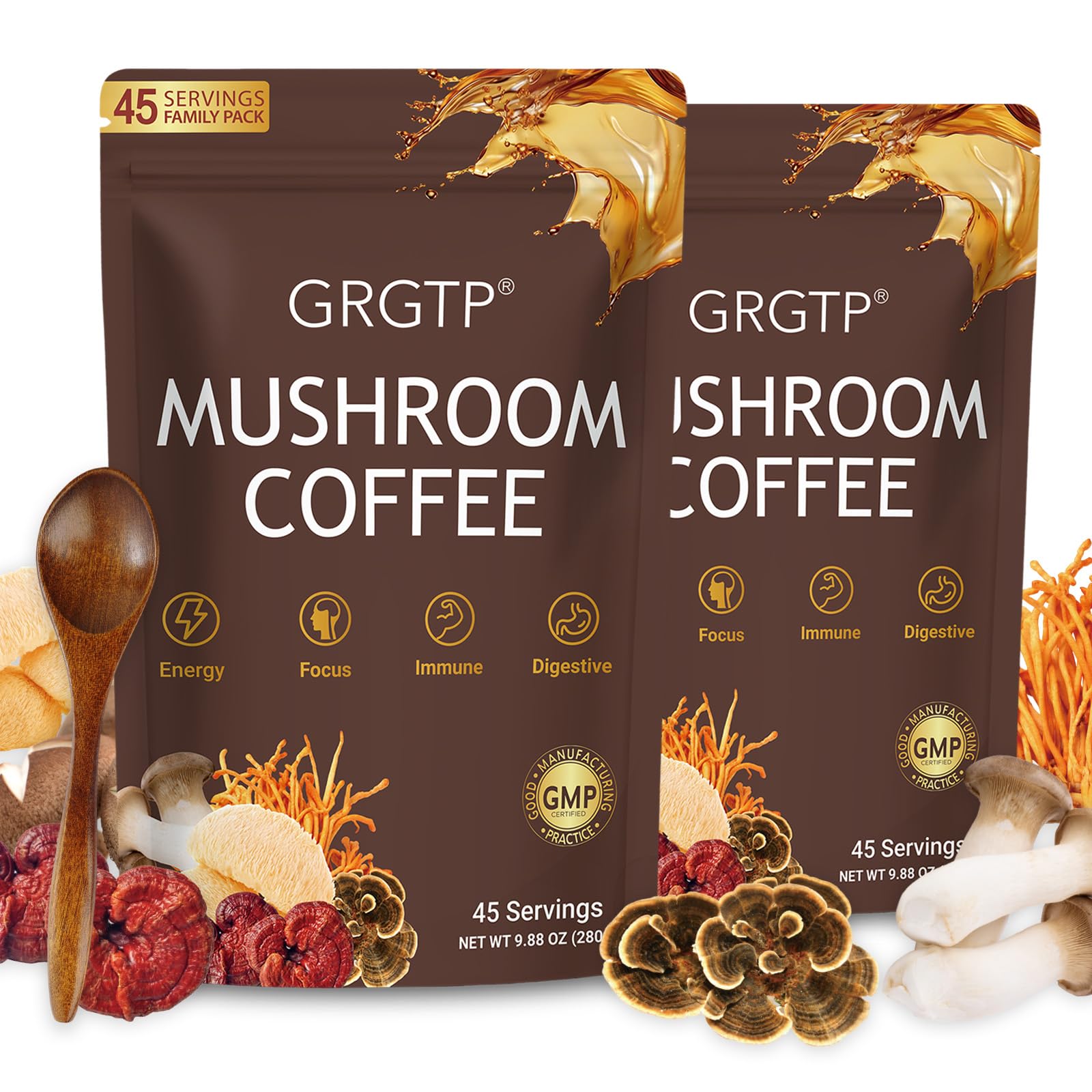 GRGTP Mushroom Coffee pack front shows 90 servings for daily adaptogen use