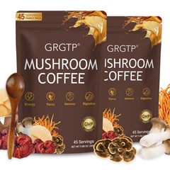 GRGTP Mushroom Coffee pack front shows 90 servings for daily adaptogen use