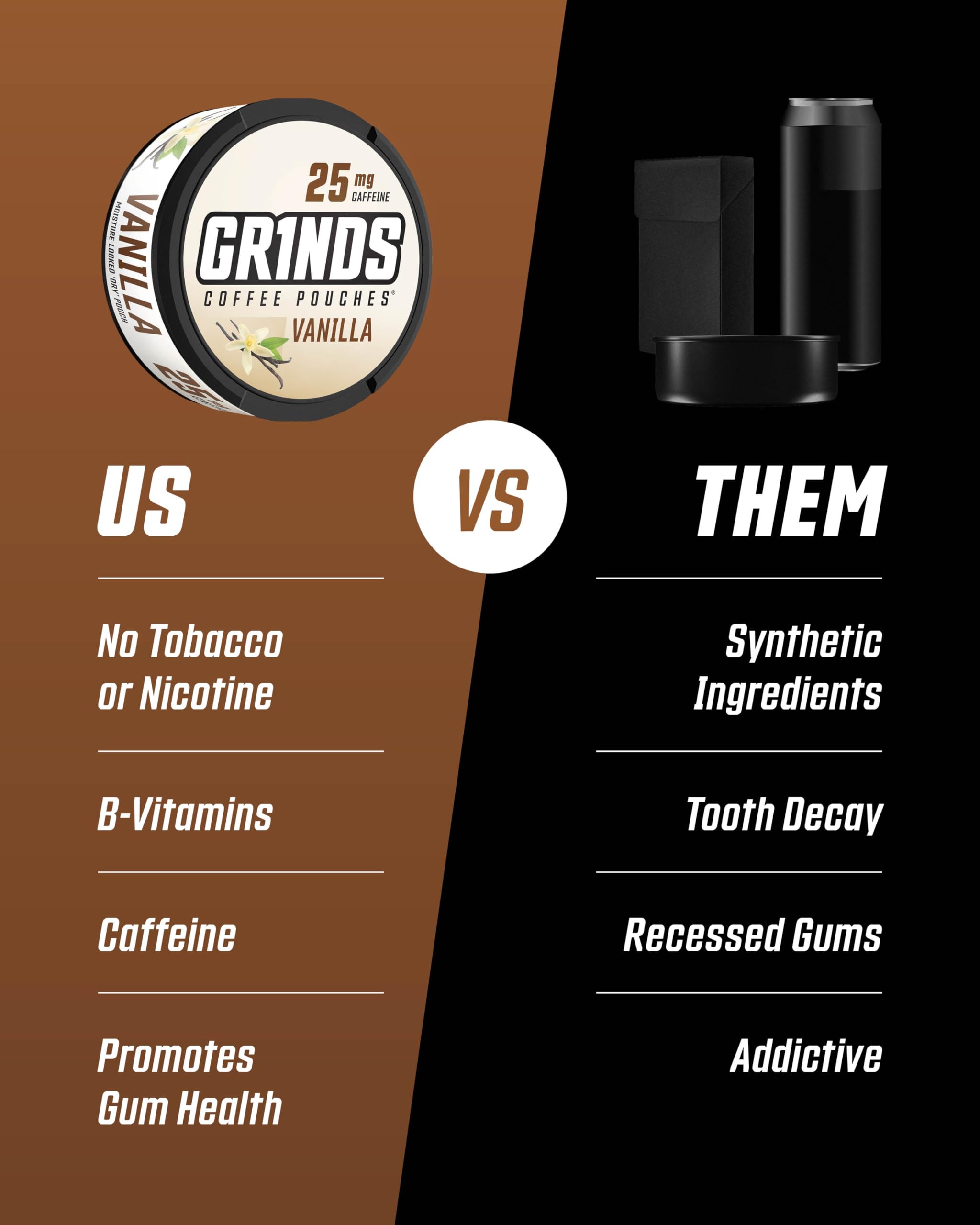 GRINDS 6-pack display emphasizes value and easy selection for daily routines.
