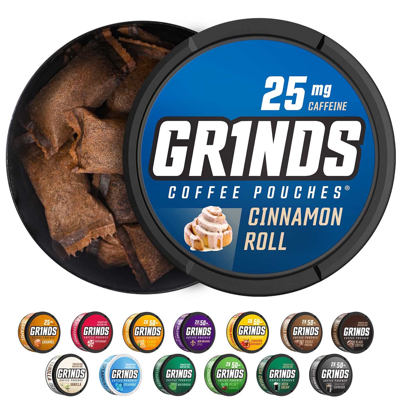 GRINDS Cinnamon Roll pouch closeup highlights caffeine boost