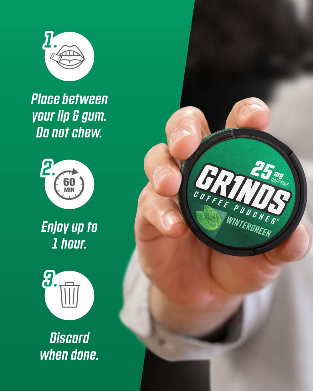 GRINDS Spearmint pouch blending cool flavor with portable energy