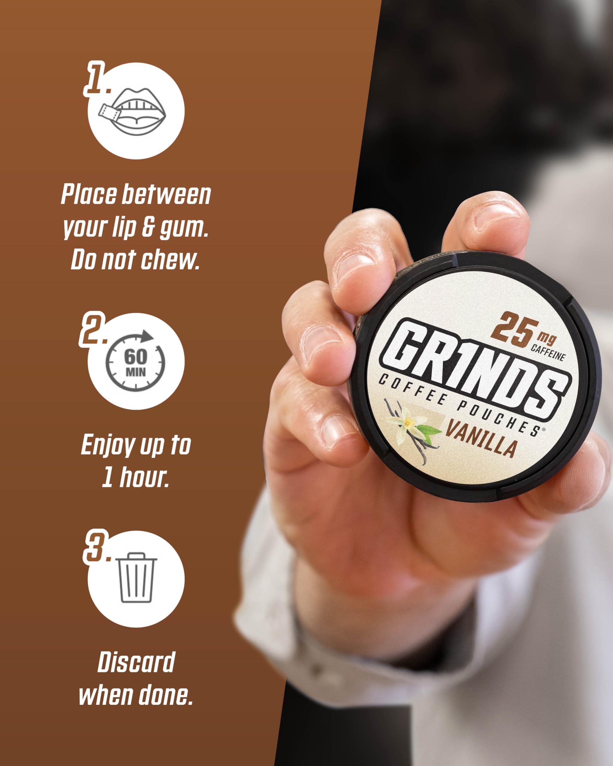 GRINDS Caramel pouch provides sweet aroma and a caffeine lift