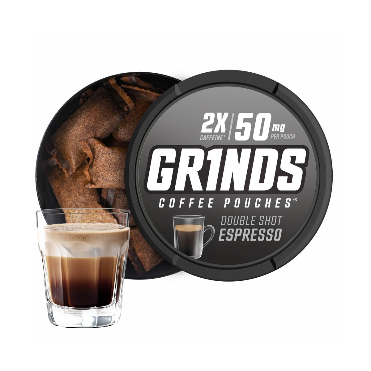 GRINDS Coffee Pouches front view on can with bold double-shot espresso profile