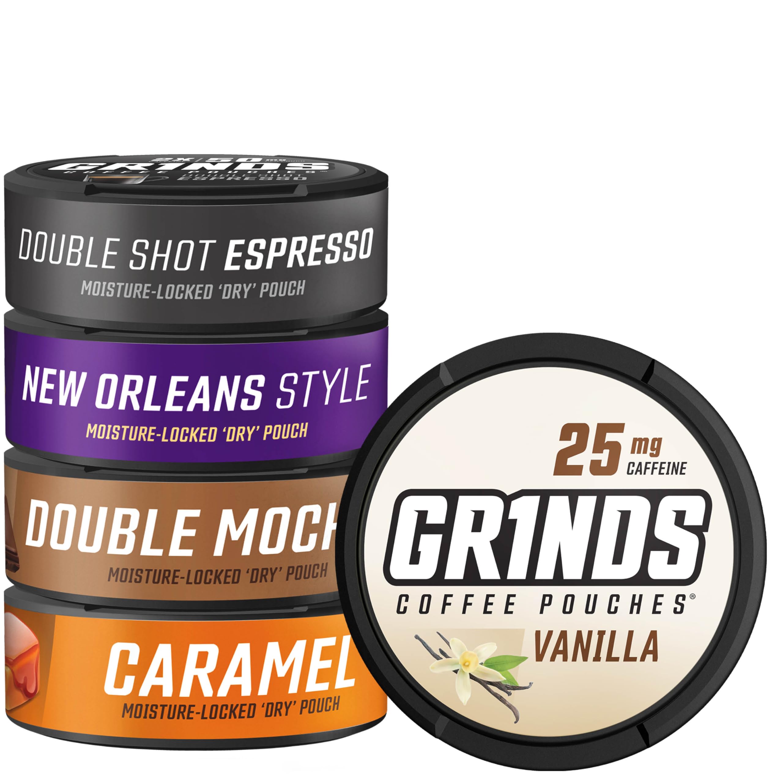 GRINDS coffee pouches 5-can sampler front view for flavor testing