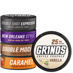 GRINDS coffee pouches 5-can sampler front view for flavor testing
