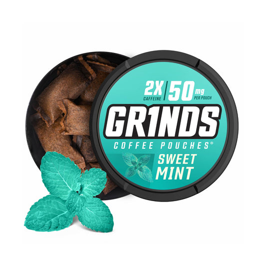 GRINDS Sweet Mint Coffee Pouches can with 18 pouches for quick energy