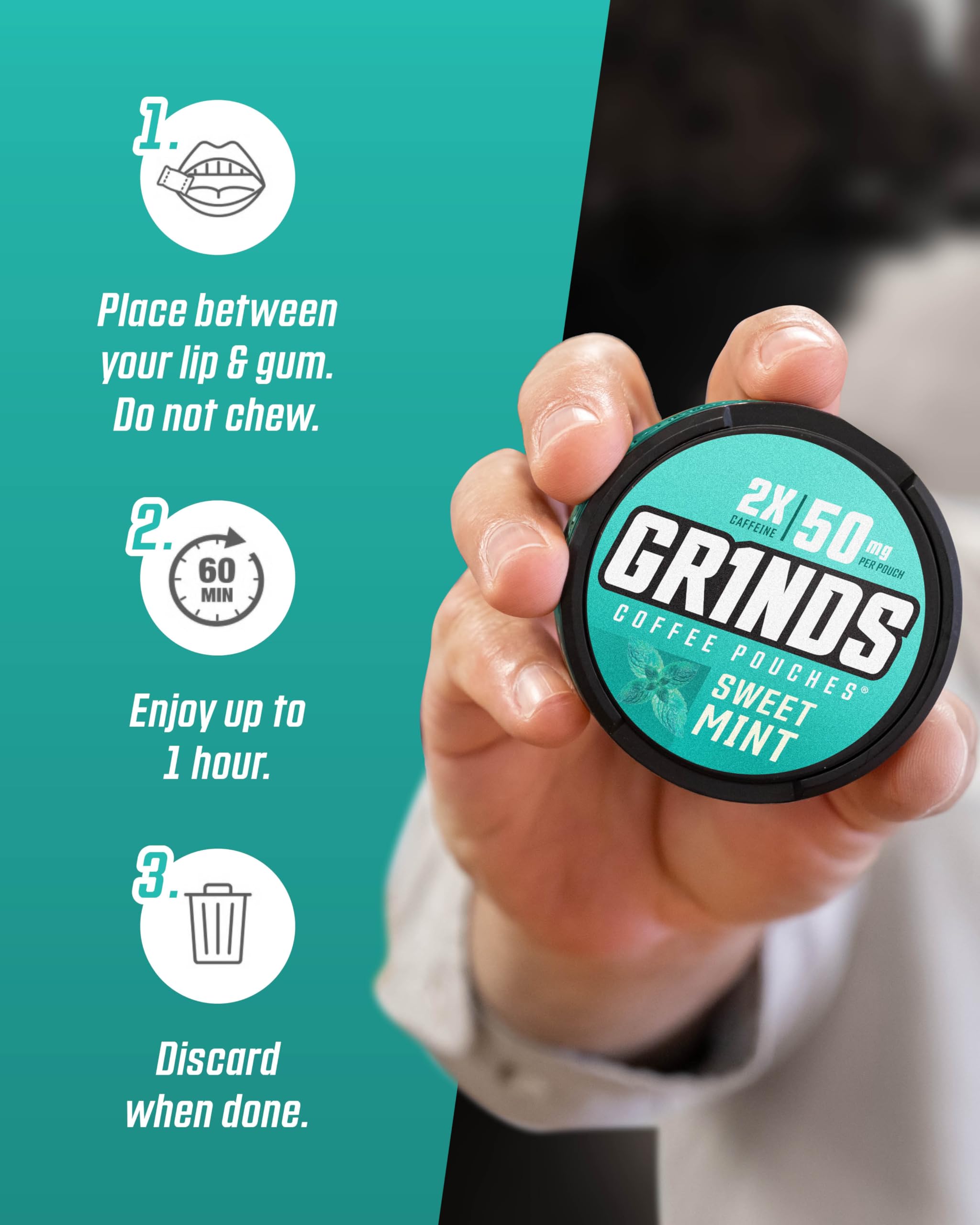 GRINDS Sweet Mint pouches ideal for travel or desk breaks