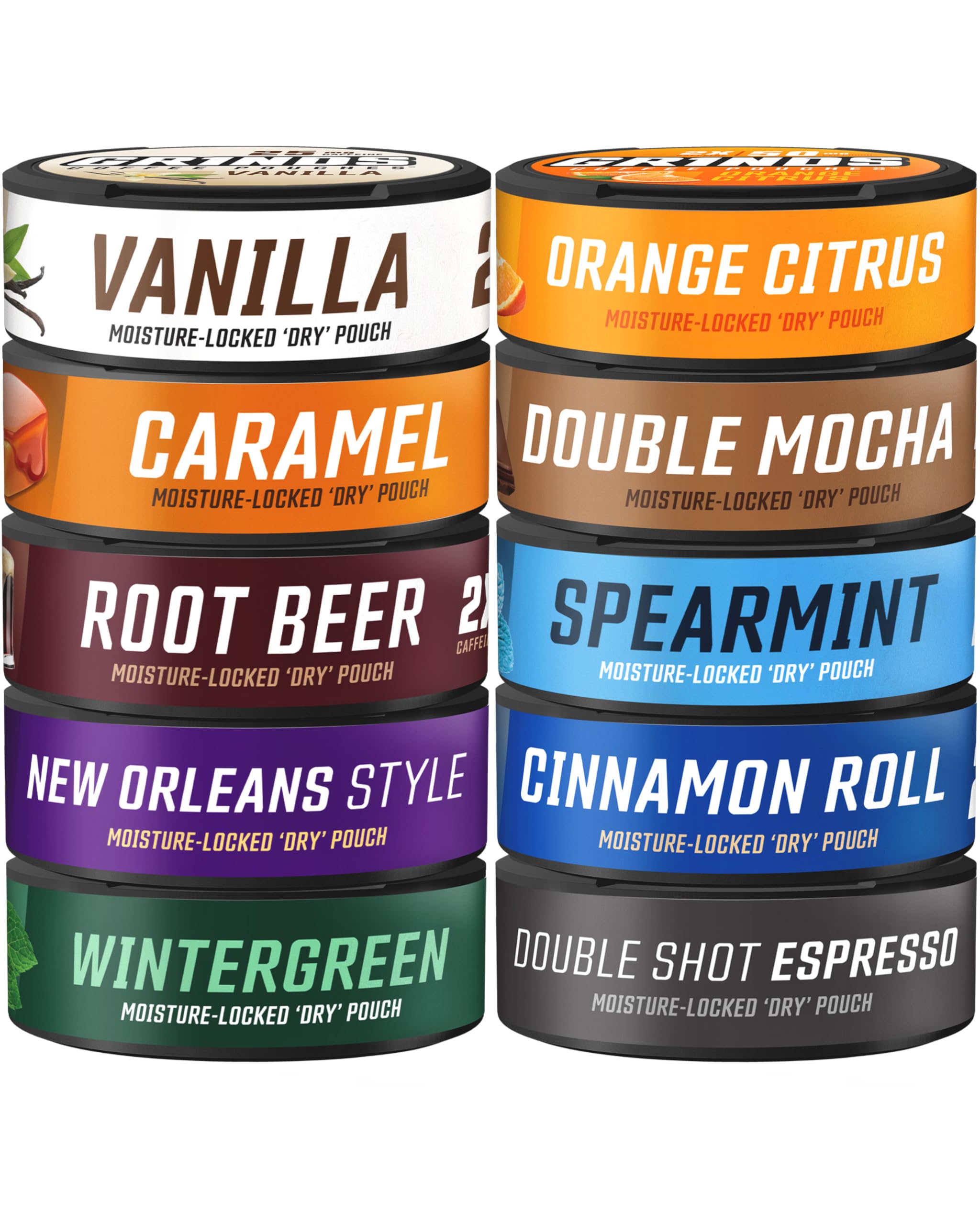 GRINDS coffee pouches variety pack front display for portable energy