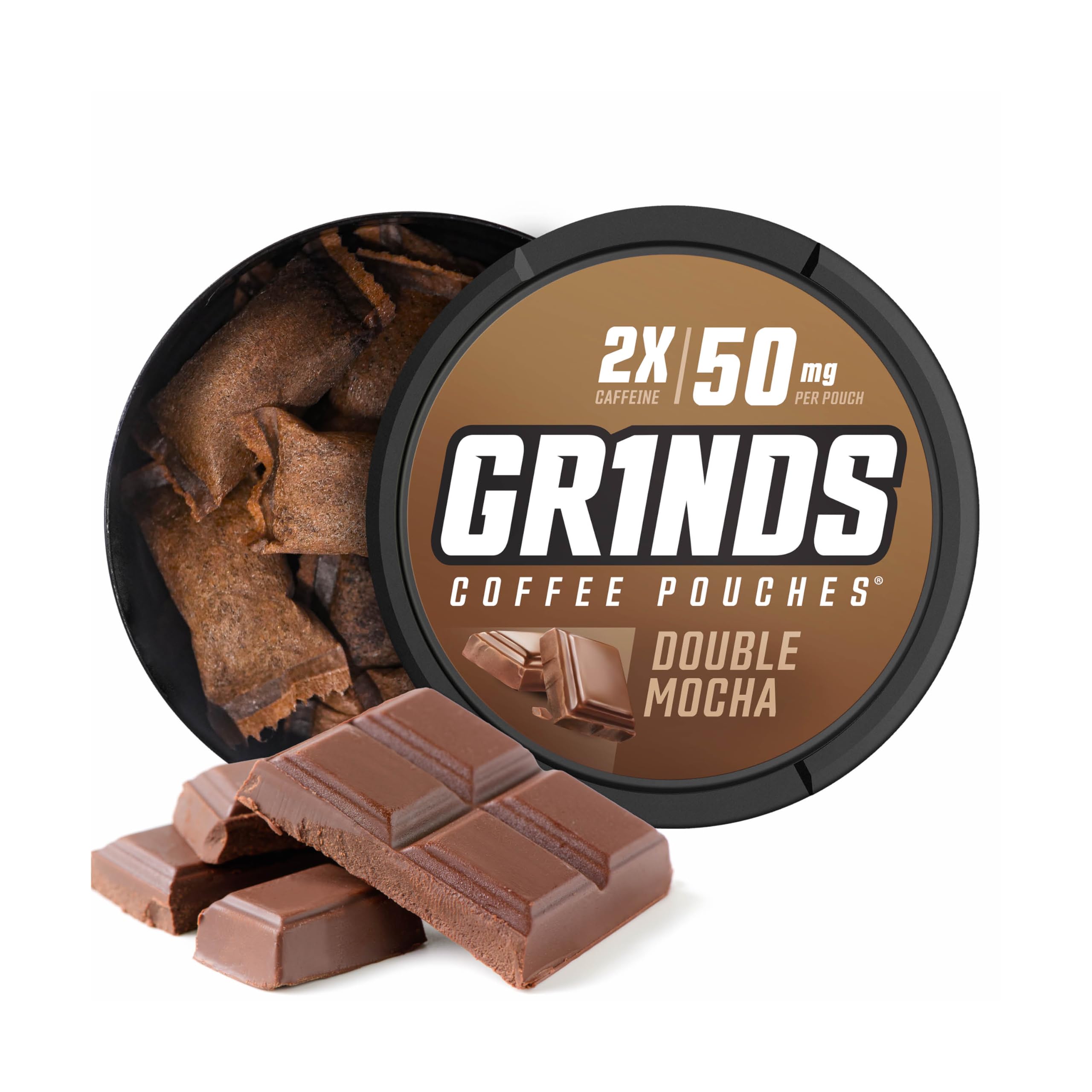 Grinds Double Mocha can front view highlighting bold flavor and caffeine boost.