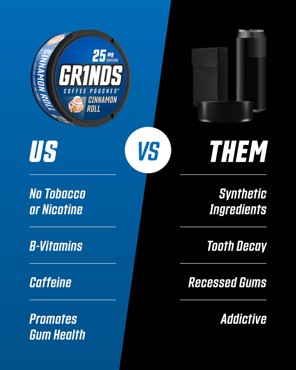 Canister of Grinds Cinnamon Roll highlighting caffeine-backed energy