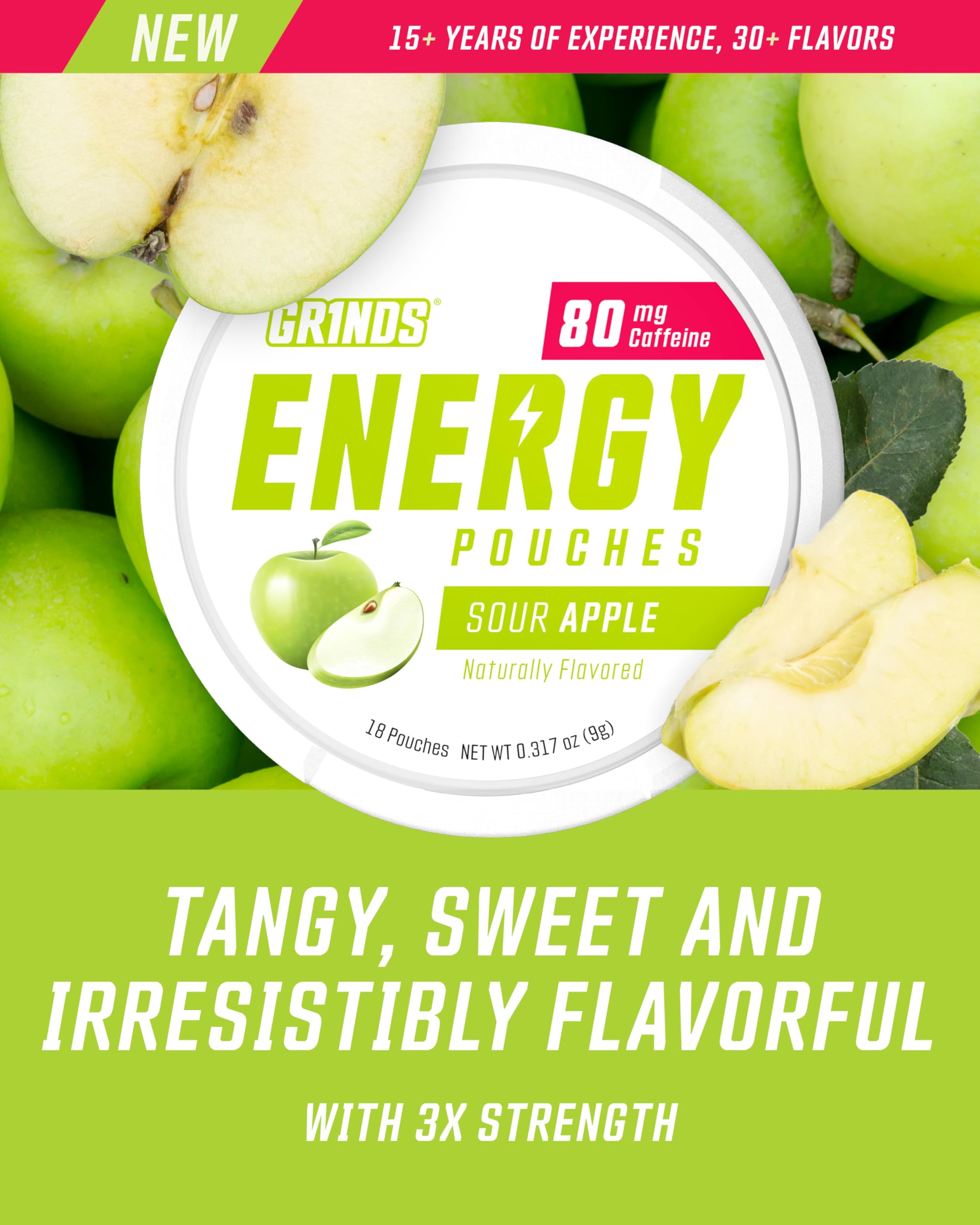 GRINDS Energy Pouches 80 mg caffeine close up shows potency and quick access.