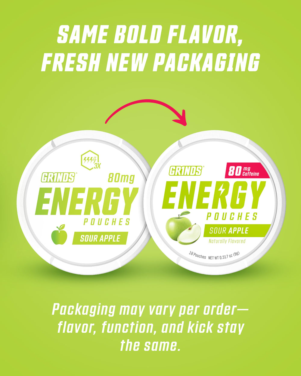 GRINDS Energy Pouches Sour Apple pouch ready for on the go use.