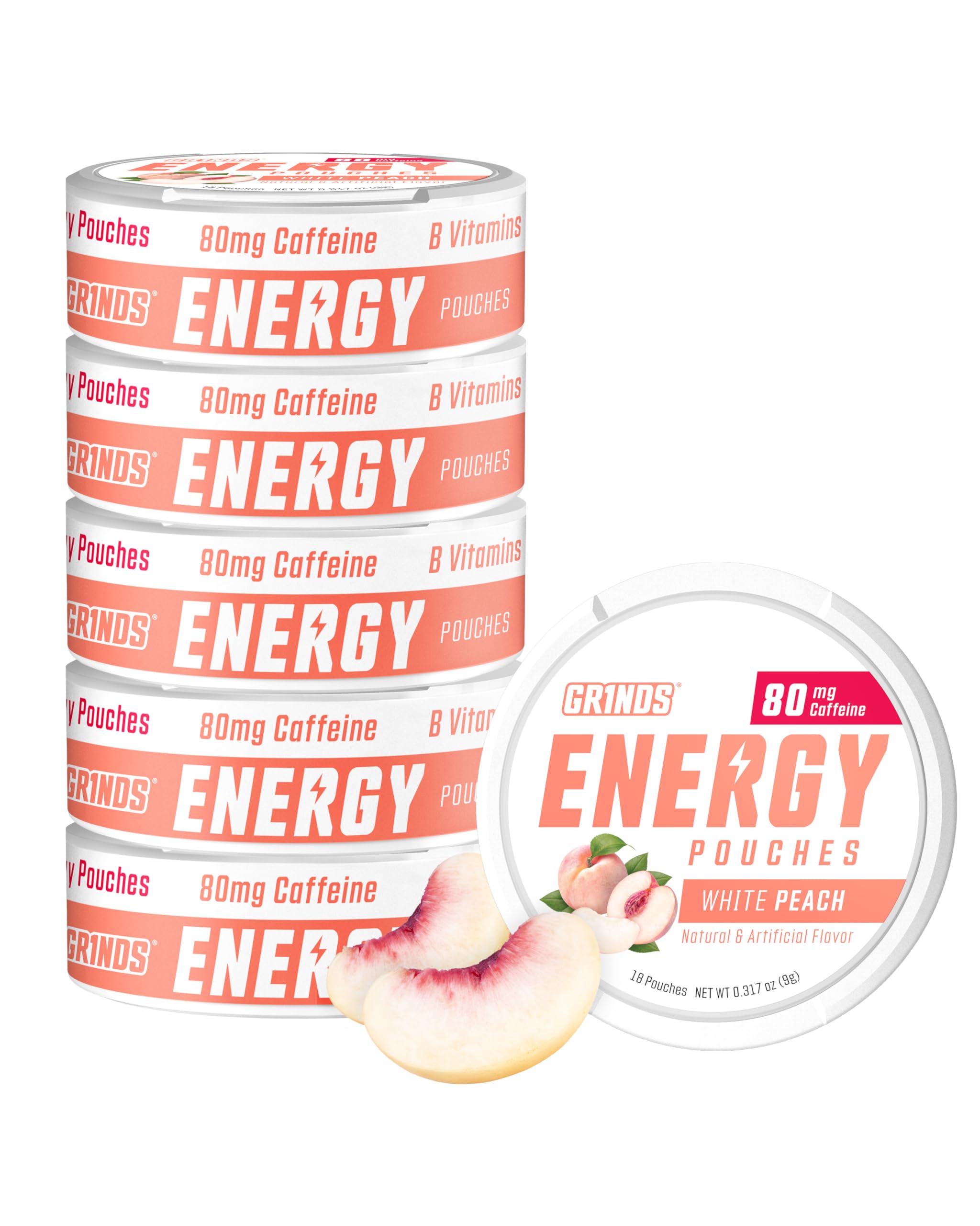 GRINDS Energy Pouches White Peach can front, on-the-go caffeine boost.