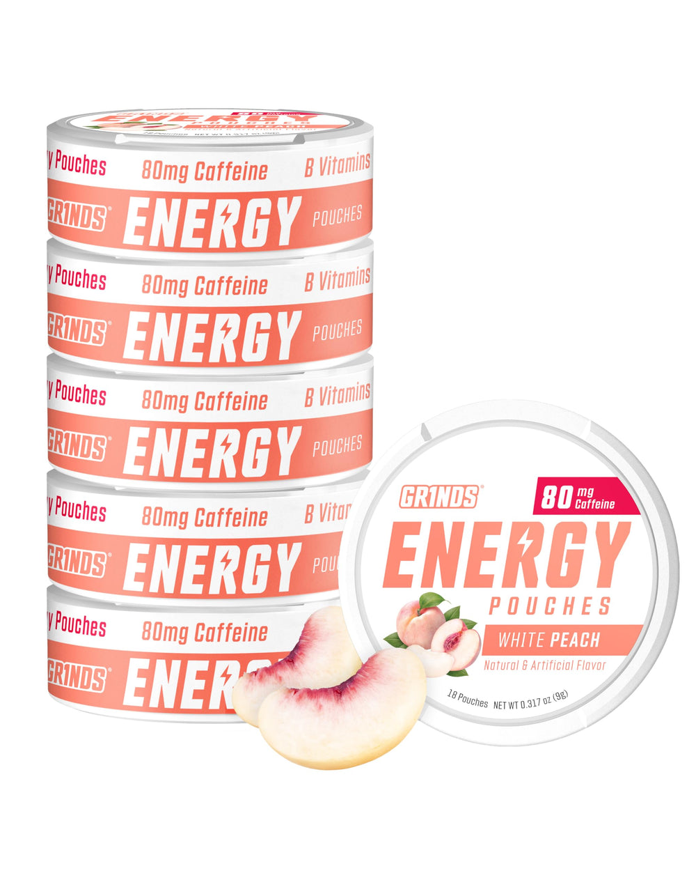 GRINDS Energy Pouches White Peach can front, on-the-go caffeine boost.