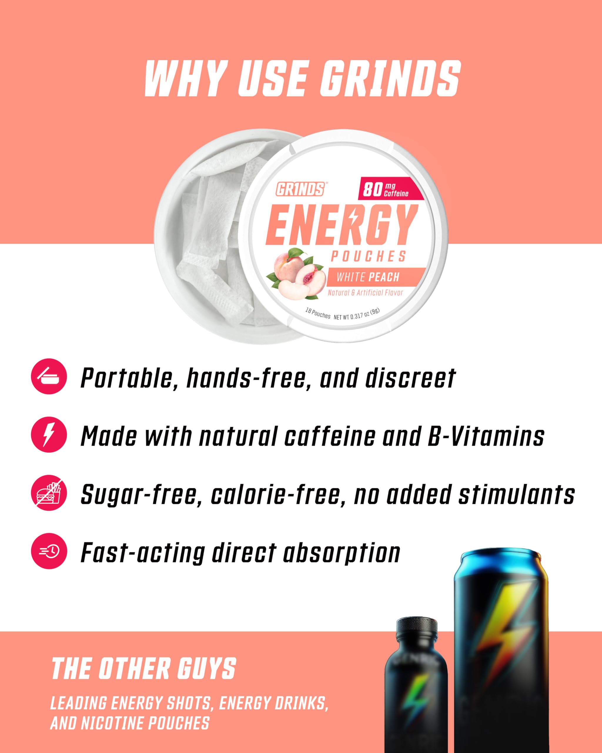 GRINDS Energy Pouches White Peach can-open showing 15 pouches, travel-friendly.