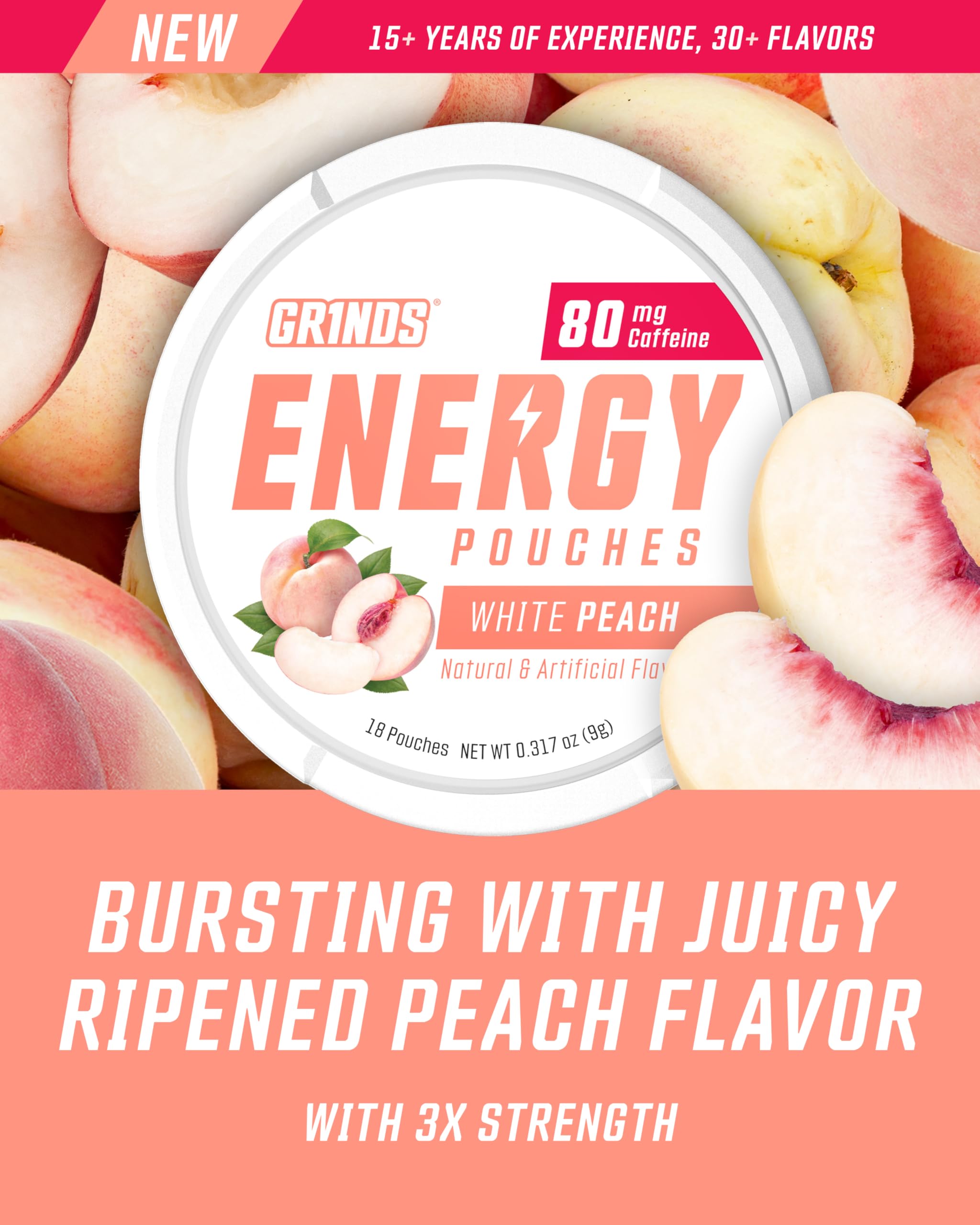 GRINDS Energy Pouches White Peach pouch-out, discreet energy snack.