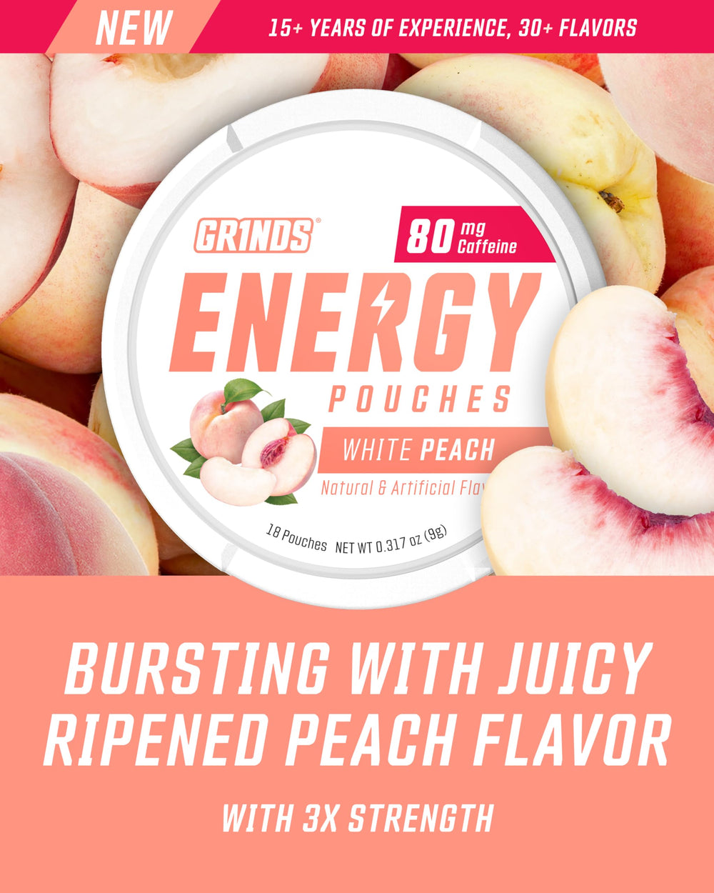 GRINDS Energy Pouches White Peach pouch-out, discreet energy snack.