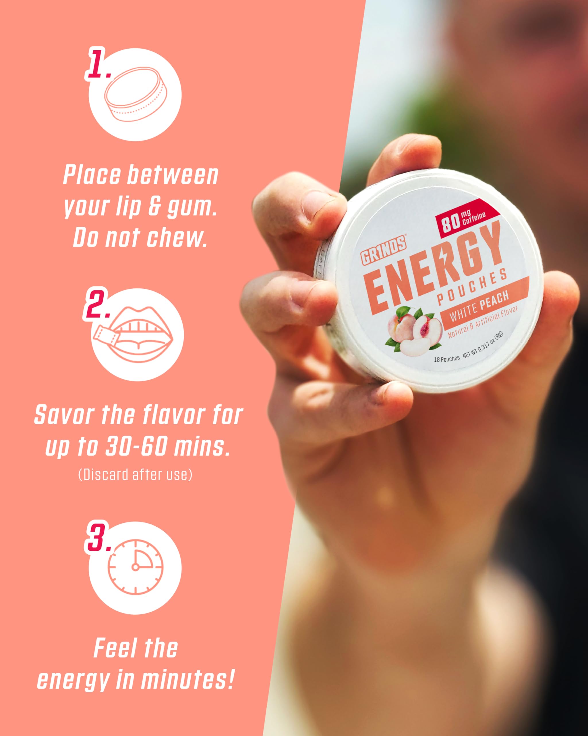 GRINDS Energy Pouches White Peach pouches-inside-count-15, travel-ready.
