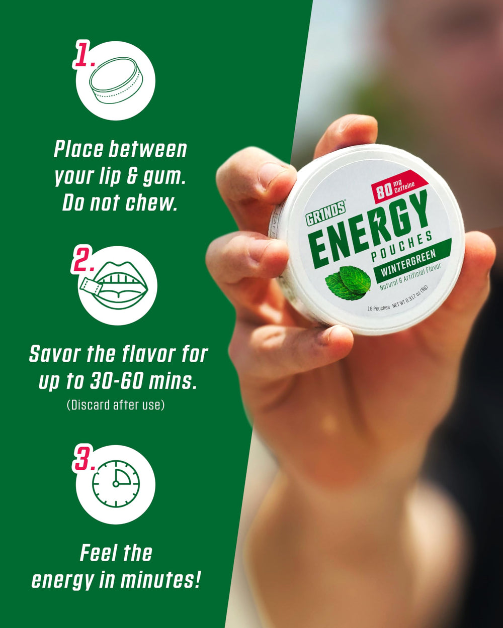 GRINDS Wintergreen energy pouches on morning routine tray.