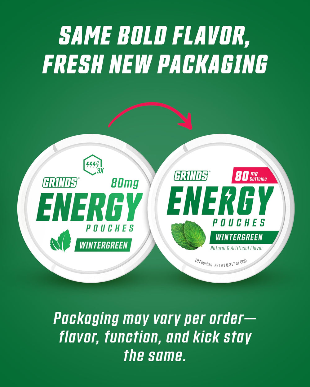 GRINDS Wintergreen pouch closeup highlighting sugar-free energy.