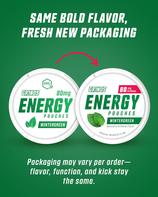 GRINDS Wintergreen pouch closeup highlighting sugar-free energy.