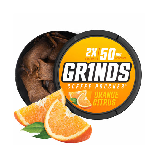 GRINDS Orange Citrus can front view for quick, nicotine-free energy