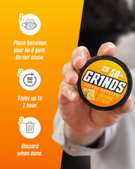 GRINDS Orange Citrus packaging stack illustrating easy storage