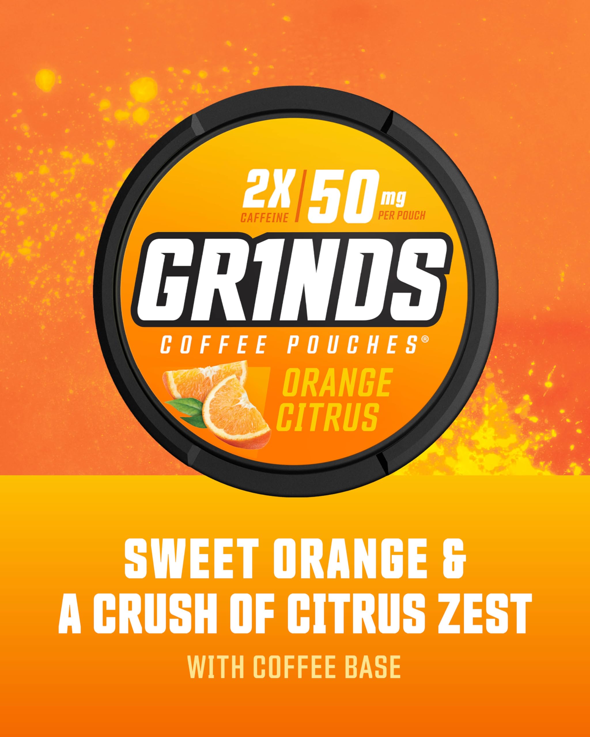 GRINDS Orange Citrus pouch outside the can shows portable flavor