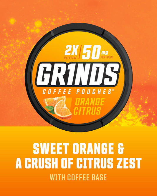 GRINDS Orange Citrus pouch outside the can shows portable flavor