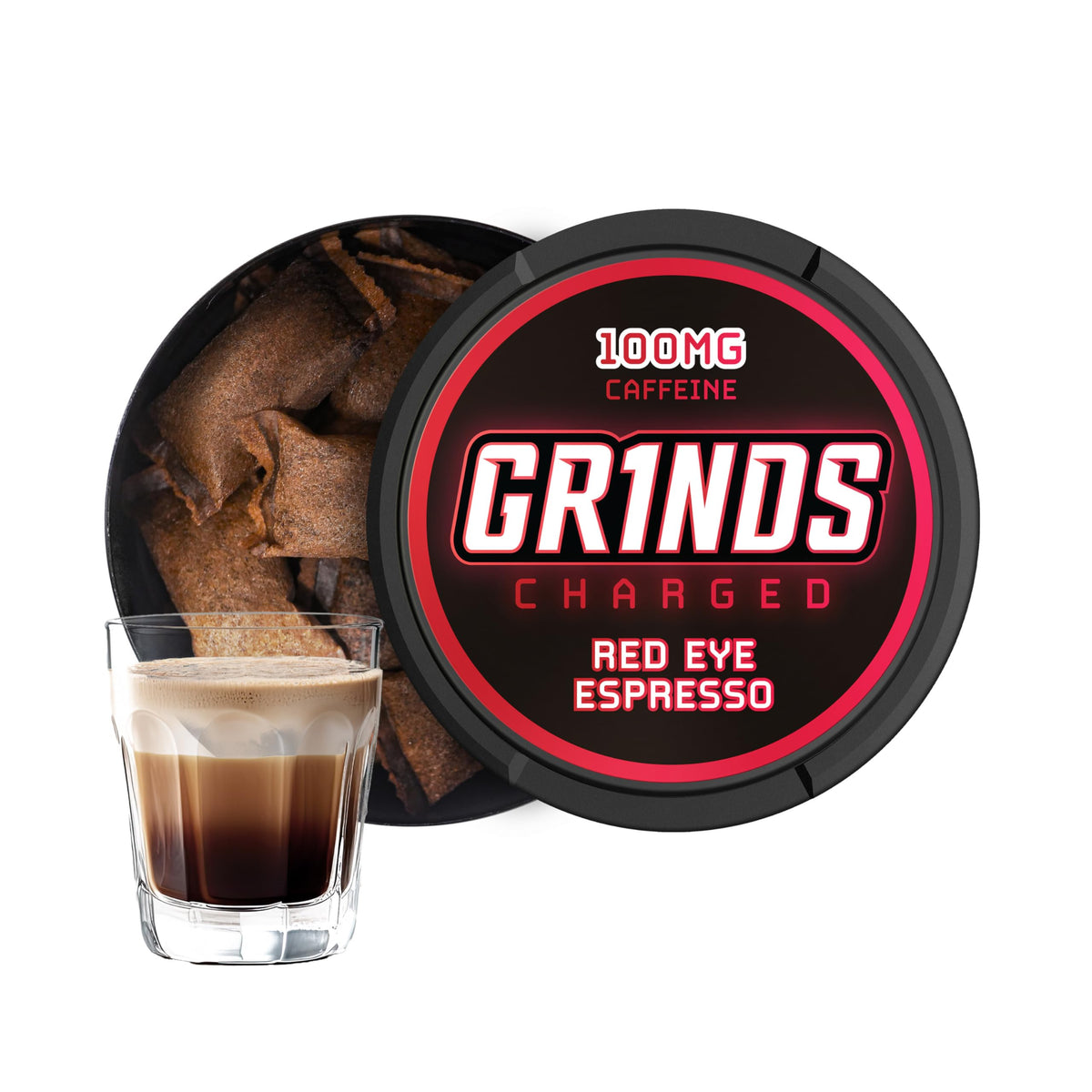 GRINDS Red Eye Espresso can front shows bold flavor and caffeine boost.