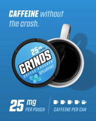 GRINDS Spearmint can shows 18 pouches for caffeine boost